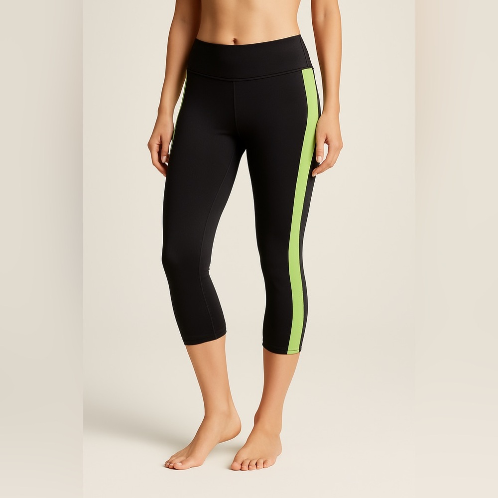 RBX Active Black & Neon Green Colorblock Capri Leggings (Size M)